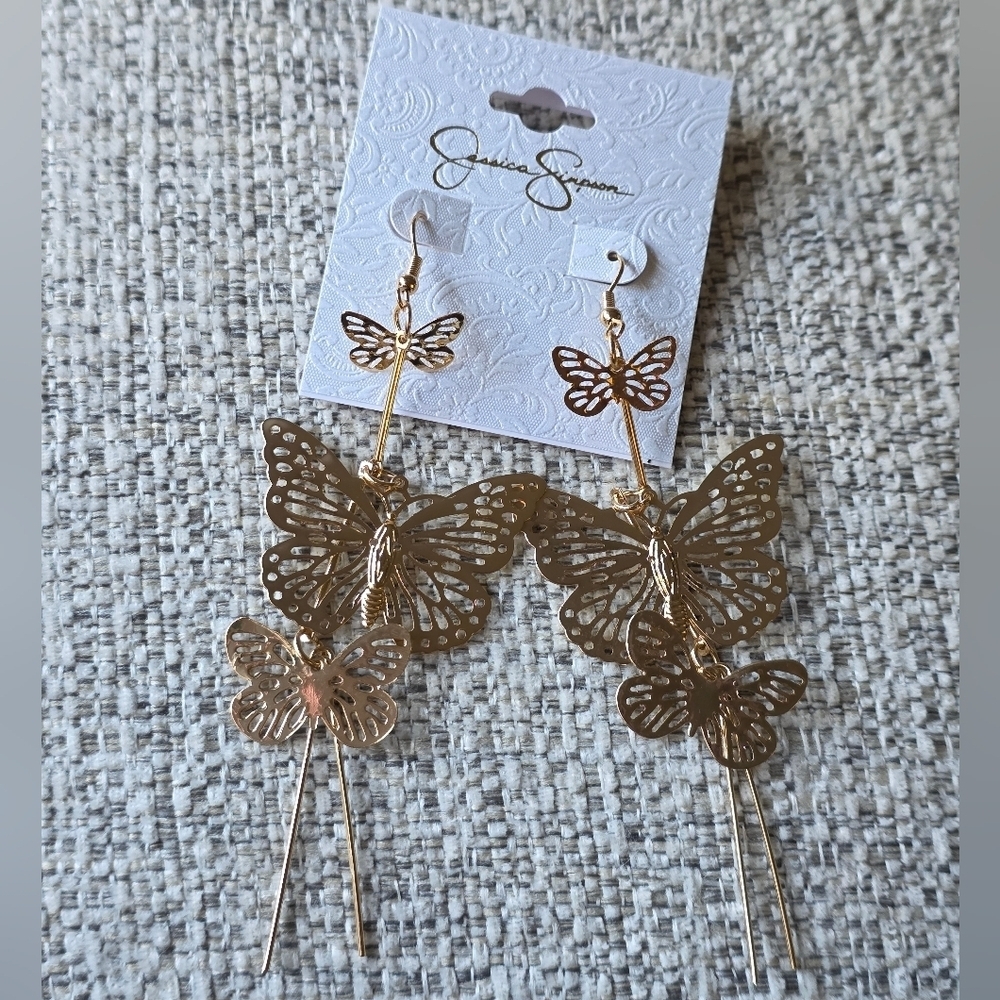 Jessica Simpson Elegant Gold Tone Butterfly Dangle Earrings - Picture 4 of 13